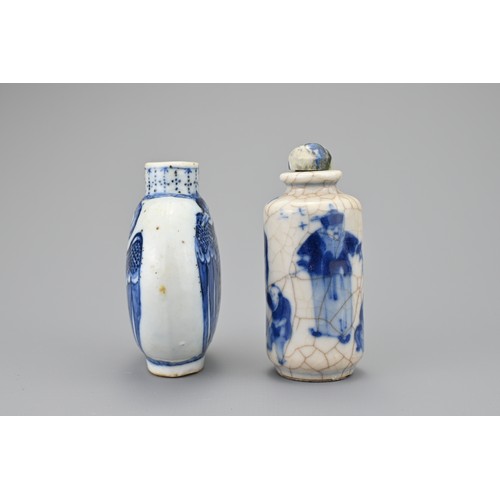 11 - TWO CHINESE BLUE AND WHITE PORCELAIN SNUFF BOTTLES, 19TH CENTURY. To include a flattened ovoid bottl... 