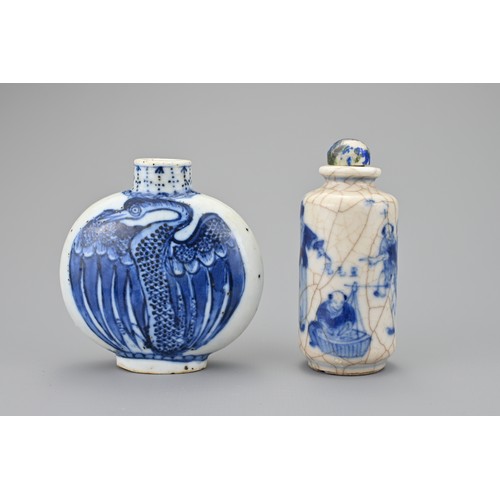 11 - TWO CHINESE BLUE AND WHITE PORCELAIN SNUFF BOTTLES, 19TH CENTURY. To include a flattened ovoid bottl... 