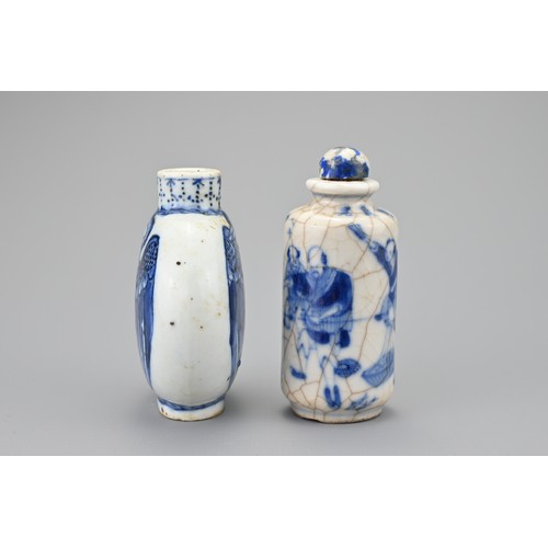 11 - TWO CHINESE BLUE AND WHITE PORCELAIN SNUFF BOTTLES, 19TH CENTURY. To include a flattened ovoid bottl... 