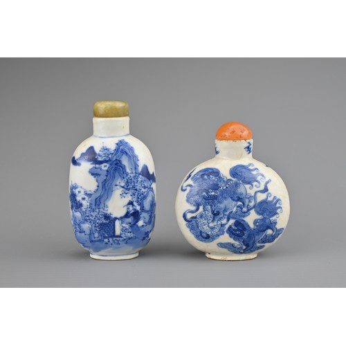 23 - TWO CHINESE BLUE AND WHITE PORCELAIN SNUFF BOTTLES, 19TH CENTURY. To include a circular bottle decor... 