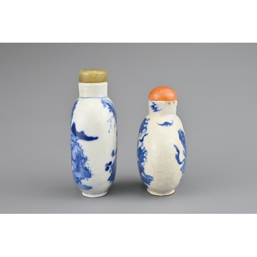 23 - TWO CHINESE BLUE AND WHITE PORCELAIN SNUFF BOTTLES, 19TH CENTURY. To include a circular bottle decor... 