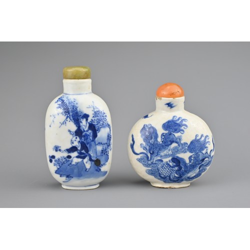 23 - TWO CHINESE BLUE AND WHITE PORCELAIN SNUFF BOTTLES, 19TH CENTURY. To include a circular bottle decor... 