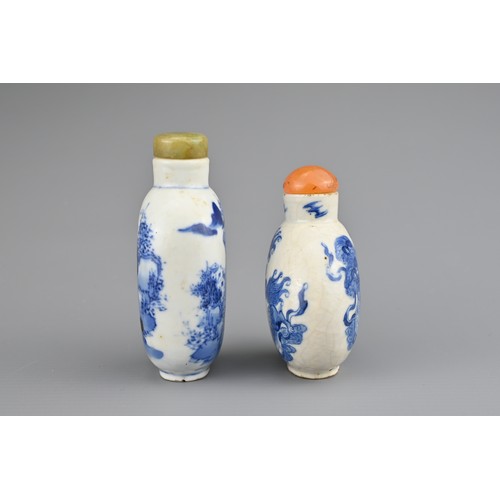 23 - TWO CHINESE BLUE AND WHITE PORCELAIN SNUFF BOTTLES, 19TH CENTURY. To include a circular bottle decor... 