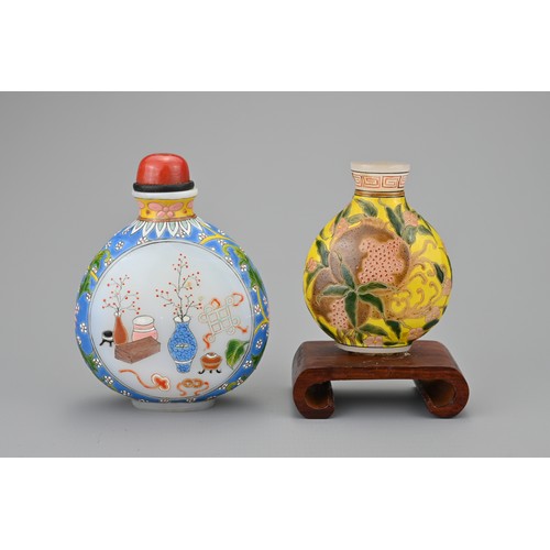 42 - TWO VINTAGE CHINESE GLASS SNUFF BOTTLES. Each decorated in polychrome enamels, one yellow ground wit... 