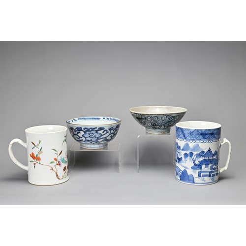 1 - FOUR CHINESE PORCELAIN ITEMS, 18/19TH CENTURY. To include a famille rose porcelain tankard, a blue a... 