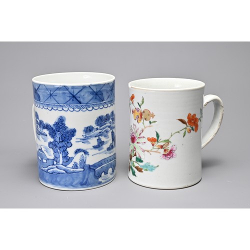 1 - FOUR CHINESE PORCELAIN ITEMS, 18/19TH CENTURY. To include a famille rose porcelain tankard, a blue a... 