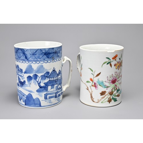 1 - FOUR CHINESE PORCELAIN ITEMS, 18/19TH CENTURY. To include a famille rose porcelain tankard, a blue a... 