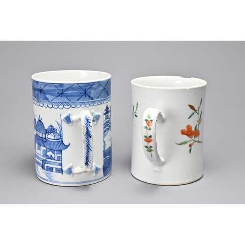 1 - FOUR CHINESE PORCELAIN ITEMS, 18/19TH CENTURY. To include a famille rose porcelain tankard, a blue a... 