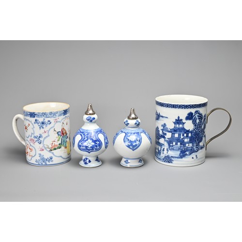 3 - FOUR CHINESE PORCELAIN ITEMS, 18TH CENTURY. To include two sections of blue and white porcelain bott... 