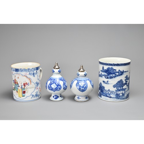 3 - FOUR CHINESE PORCELAIN ITEMS, 18TH CENTURY. To include two sections of blue and white porcelain bott... 