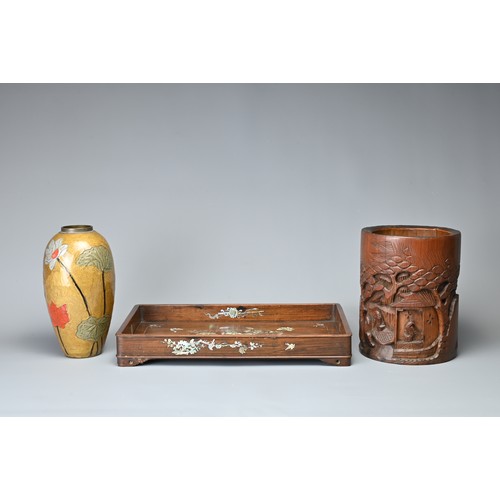 6 - THREE CHINESE / JAPANESE ITEMS, REPUBLIC PERIOD. To include a mother of pearl inlaid wood tray with ... 