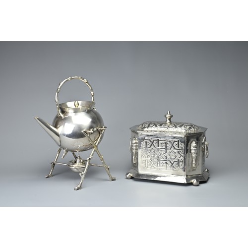 8 - TWO SILVER PLATED ITEMS, 20TH CENTURY. To include a teapot with burner stand with wood form legs and... 