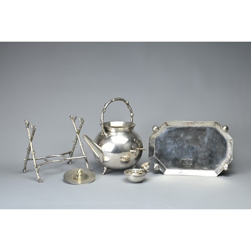 8 - TWO SILVER PLATED ITEMS, 20TH CENTURY. To include a teapot with burner stand with wood form legs and... 