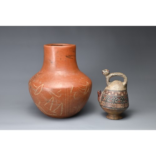 22 - TWO POTTERY ITEMS, POSSIBLY SOUTH AMERICAN. Peru or Pre-Columbain style pottery to include a pottery... 