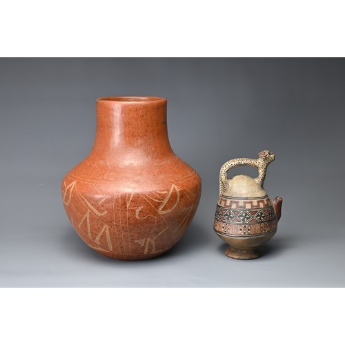 22 - TWO POTTERY ITEMS, POSSIBLY SOUTH AMERICAN. Peru or Pre-Columbain style pottery to include a pottery... 