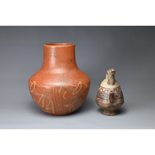 22 - TWO POTTERY ITEMS, POSSIBLY SOUTH AMERICAN. Peru or Pre-Columbain style pottery to include a pottery... 