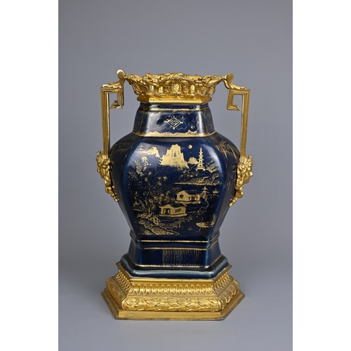 52 - A CHINESE POWDER BLUE AND GILT DECORATED VASE WITH ORMOLU MOUNT, 18/19TH CENTURY. The hexagonal vase... 