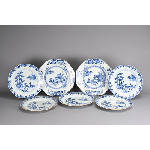 9 - SEVEN CHINESE BLUE AND WHITE EXPORT PORCELAIN DISHES, 18TH CENTURY. To include a pair and set of fiv... 