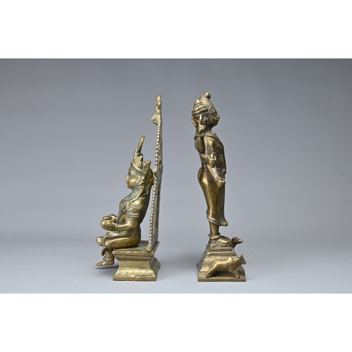 30 - TWO INDIAN BRONZE HINDU DEITY FIGURES, 19/20TH CENTURY. To include a standing figure of Brahma depic... 