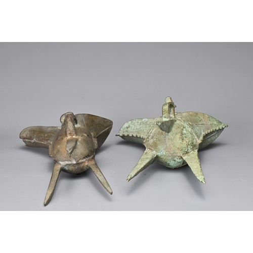 37 - A GROUP OF BRONZE ITEMS. To include two Chinese archaic stye bronze ritual tripod vessels, Jue; A Ch... 