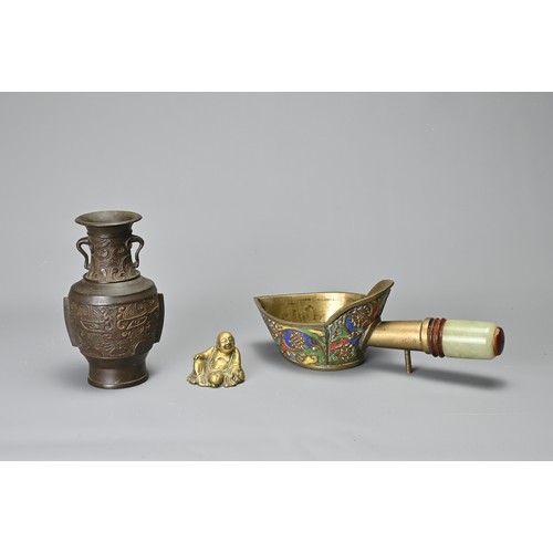 38 - A GROUP OF VINTAGE CHINESE BRONZE / BRASS ITEMS. To include a silk iron decorated with Buddhist embl... 