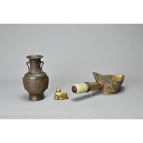 38 - A GROUP OF VINTAGE CHINESE BRONZE / BRASS ITEMS. To include a silk iron decorated with Buddhist embl... 