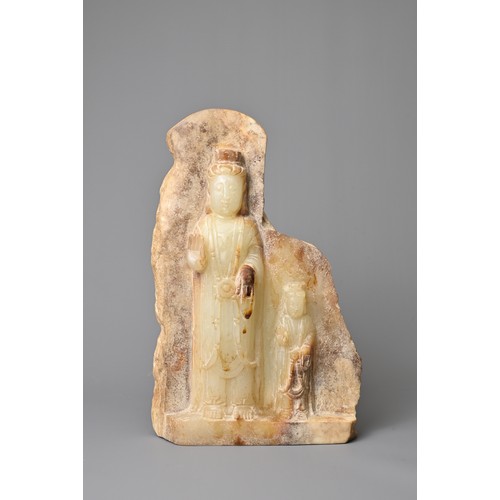 40 - A CHINESE JADE STONE BUDDHIST PART VOTIVE STELE, QI STYLE. Depicting two standing Buddhas dressed in... 