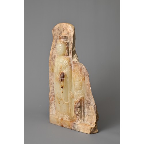 40 - A CHINESE JADE STONE BUDDHIST PART VOTIVE STELE, QI STYLE. Depicting two standing Buddhas dressed in... 