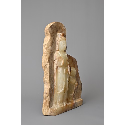 40 - A CHINESE JADE STONE BUDDHIST PART VOTIVE STELE, QI STYLE. Depicting two standing Buddhas dressed in... 