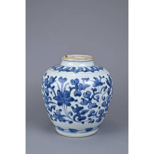 48 - A CHINESE BLUE AND WHITE PORCELAIN JAR, LATE MING DYNASTY. Continuous floral scroll decoration below... 