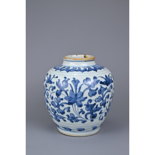 48 - A CHINESE BLUE AND WHITE PORCELAIN JAR, LATE MING DYNASTY. Continuous floral scroll decoration below... 