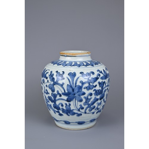 48 - A CHINESE BLUE AND WHITE PORCELAIN JAR, LATE MING DYNASTY. Continuous floral scroll decoration below... 