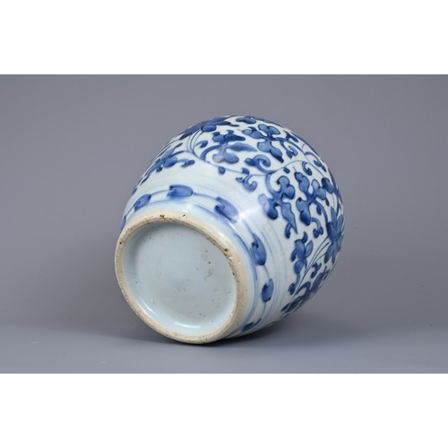 48 - A CHINESE BLUE AND WHITE PORCELAIN JAR, LATE MING DYNASTY. Continuous floral scroll decoration below... 