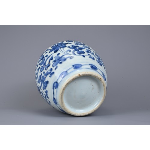 48 - A CHINESE BLUE AND WHITE PORCELAIN JAR, LATE MING DYNASTY. Continuous floral scroll decoration below... 