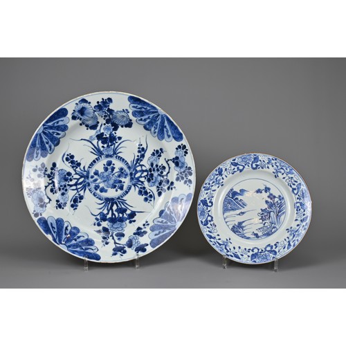 53 - TWO CHINESE BLUE AND WHITE DISHES, 18TH CENTURY. To include a large Kangxi (1662-1722) deep dish wit... 