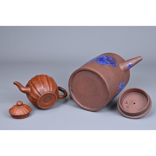 79 - TWO CHINESE TAIWAN YIXING POTTERY TEA POTS, 20TH CENTURY. A cylindrical form teapot with blue enamel... 