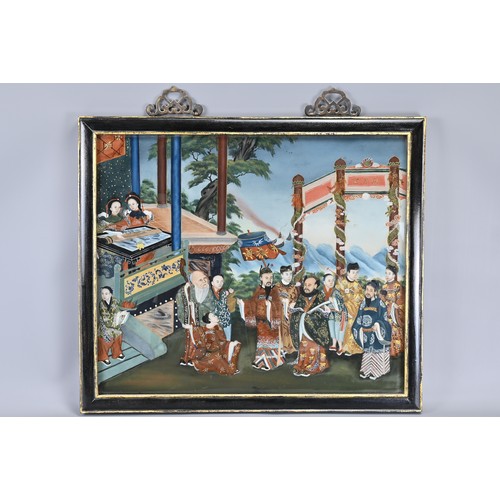 290 - A LARGE CHINESE FRAMED REVERSE GLASS PAINTING, 19/20TH CENTURY. Depicting figures in a palace courty... 