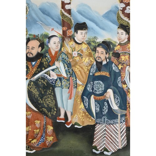 290 - A LARGE CHINESE FRAMED REVERSE GLASS PAINTING, 19/20TH CENTURY. Depicting figures in a palace courty... 