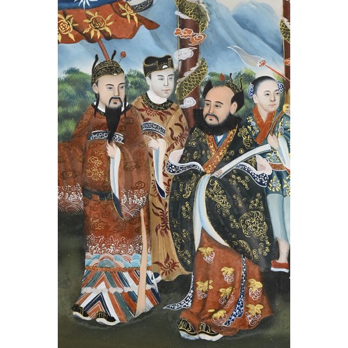 290 - A LARGE CHINESE FRAMED REVERSE GLASS PAINTING, 19/20TH CENTURY. Depicting figures in a palace courty... 