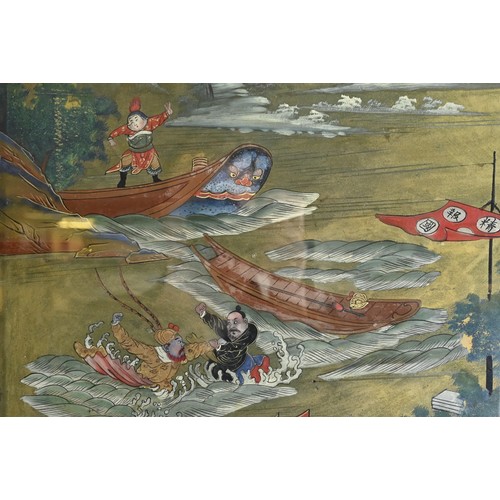 288 - A LARGE CHINESE REVERSE GLASS PAINTING, FRAMED AND GLAZED, 19/20TH CENTURY. Depicting Yue Fei, court... 