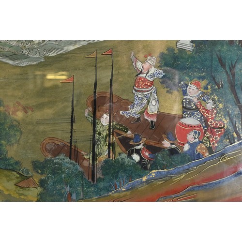 288 - A LARGE CHINESE REVERSE GLASS PAINTING, FRAMED AND GLAZED, 19/20TH CENTURY. Depicting Yue Fei, court... 