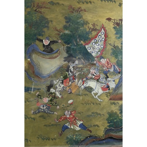 288 - A LARGE CHINESE REVERSE GLASS PAINTING, FRAMED AND GLAZED, 19/20TH CENTURY. Depicting Yue Fei, court... 