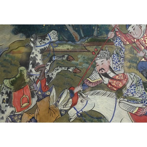 288 - A LARGE CHINESE REVERSE GLASS PAINTING, FRAMED AND GLAZED, 19/20TH CENTURY. Depicting Yue Fei, court... 