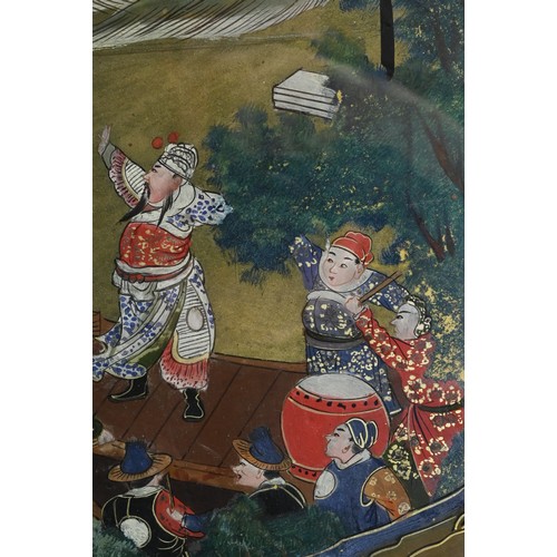 288 - A LARGE CHINESE REVERSE GLASS PAINTING, FRAMED AND GLAZED, 19/20TH CENTURY. Depicting Yue Fei, court... 