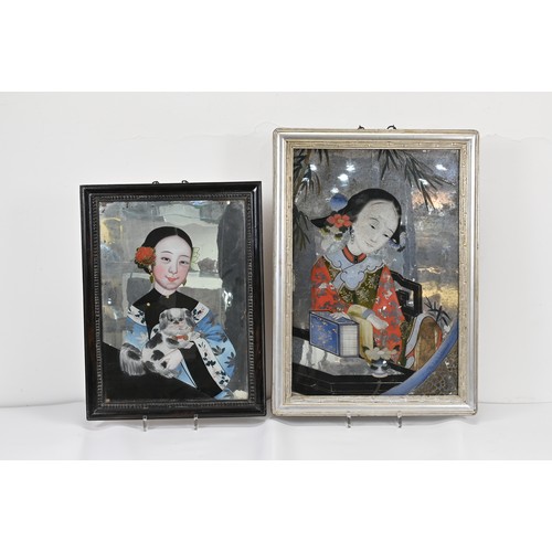 289 - TWO CHINESE FRAMED REVERSE GLASS MIRROR PAINTINGS, LATE QING DYNASTY. A lady holding a dog together ... 