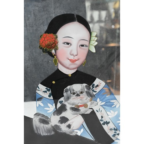 289 - TWO CHINESE FRAMED REVERSE GLASS MIRROR PAINTINGS, LATE QING DYNASTY. A lady holding a dog together ... 