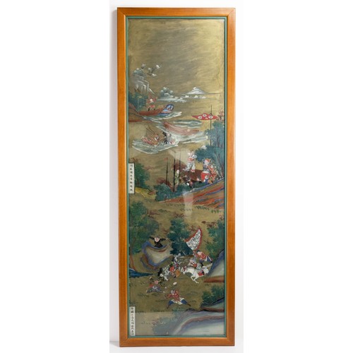 288 - A LARGE CHINESE REVERSE GLASS PAINTING, FRAMED AND GLAZED, 19/20TH CENTURY. Depicting Yue Fei, court... 