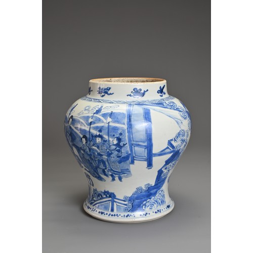 11 - A CHINESE BLUE AND WHITE PORCELAIN JAR, 18th CENTURY. Of baluster form decorated with figures in a c... 