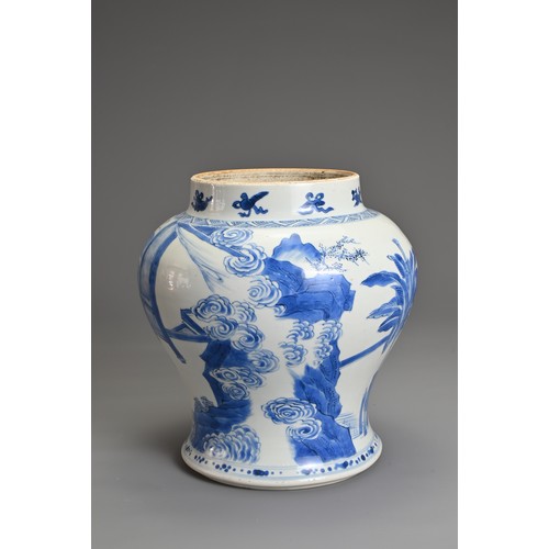 11 - A CHINESE BLUE AND WHITE PORCELAIN JAR, 18th CENTURY. Of baluster form decorated with figures in a c... 