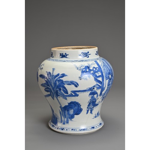 11 - A CHINESE BLUE AND WHITE PORCELAIN JAR, 18th CENTURY. Of baluster form decorated with figures in a c... 